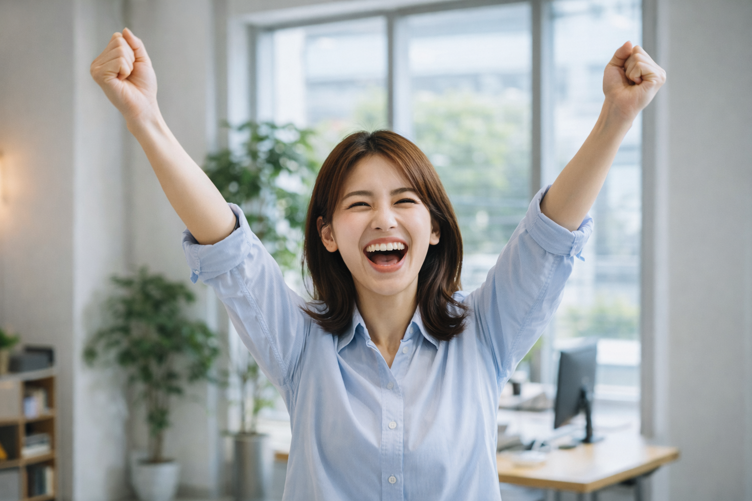採用が決まり、両手を上げて喜ぶ様子
