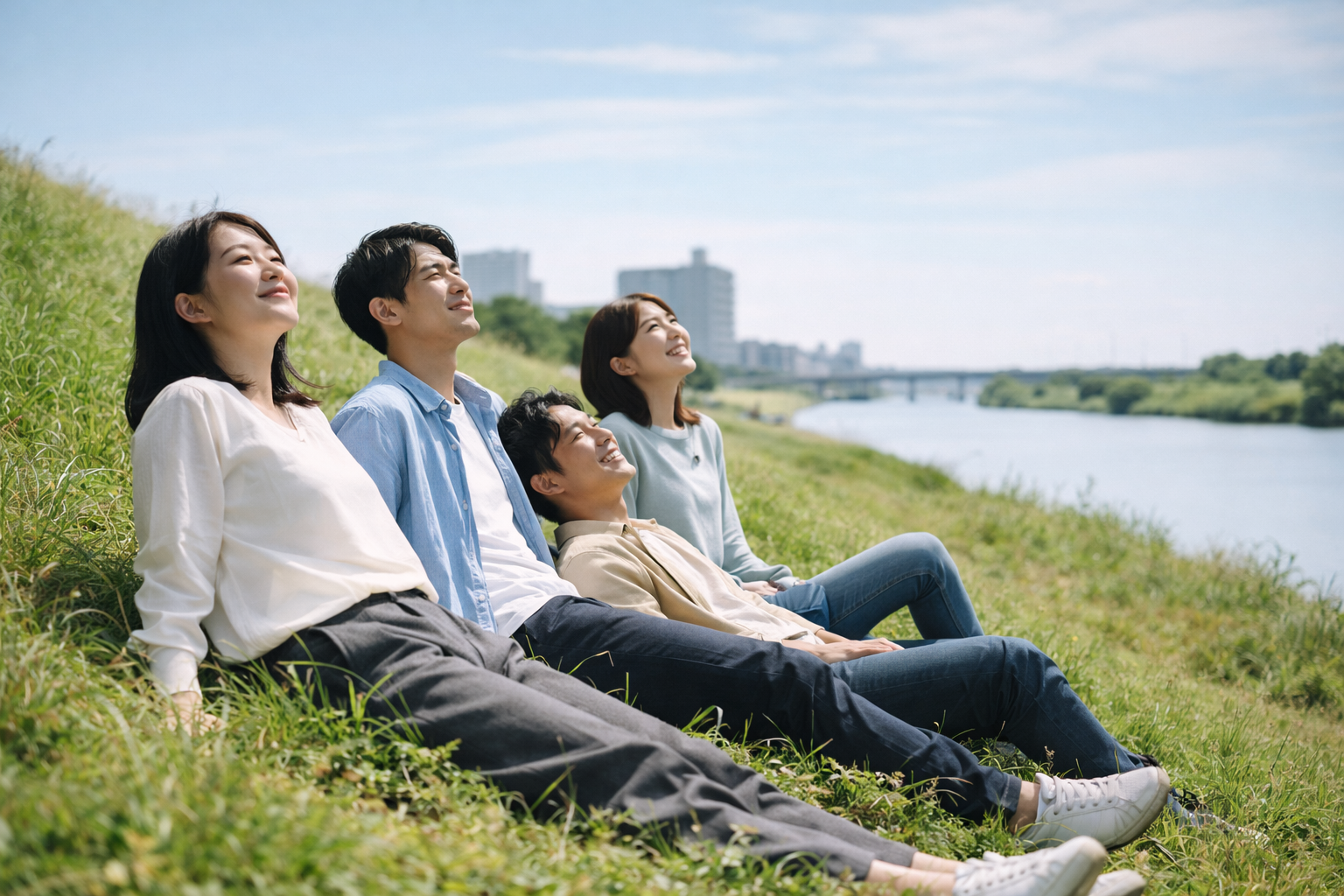 土手の上で日向ぼっこしながら語り合う人たち